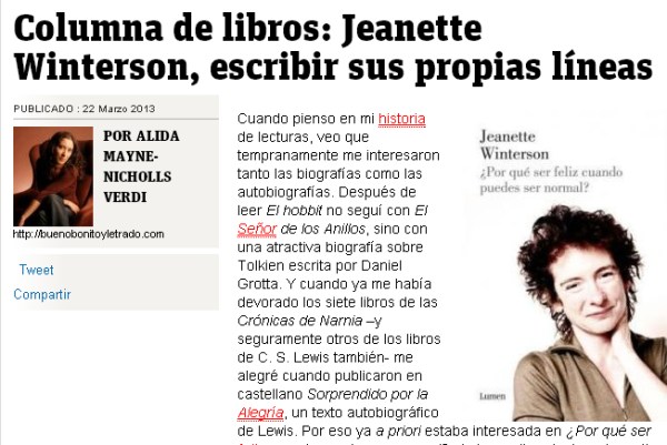 Pantallazo de la primera columna sobre Jeanette Winterson y su libro ¿Por qué ser feliz cuando puedes ser normal?